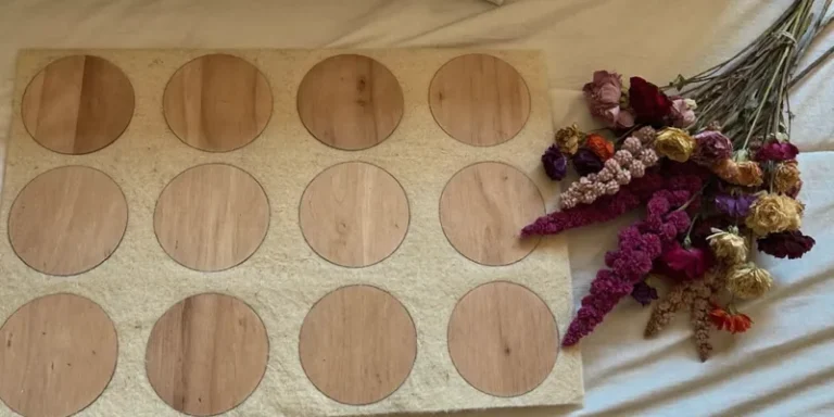 Blank wooden discs and empty letter board on a bed